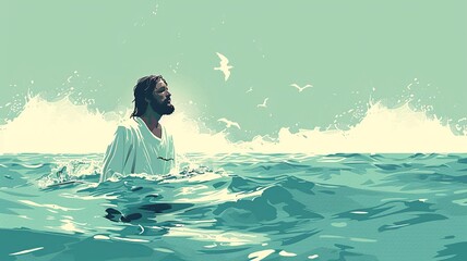 A serene and minimalistic illustration of Jesus being baptized, featuring a peaceful depiction of Jesus in the water during the baptism scene, characterized by simplicity 