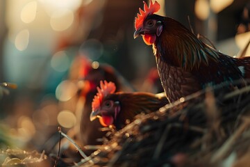 Colorful Roosters Perching in Sunlit Farmland Backdrop