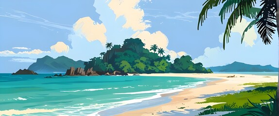 Quiet beach on a tropical island. art painting style illustration with grunge brush stroke texture. Generative AI