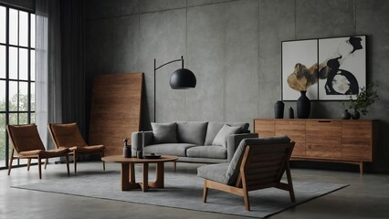  loft interior design of modern living room, home. Accent chair near wooden sideboard cabinet against concrete wall.