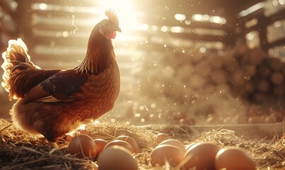Free range Rooster with Eggs in Rustic Farm Setting at Golden Hour