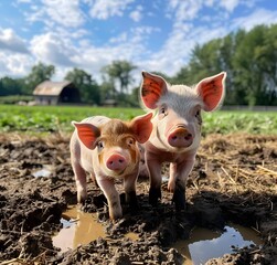 Curious Piglets Frolicking in Muddy Countryside Field with Abandoned Barn