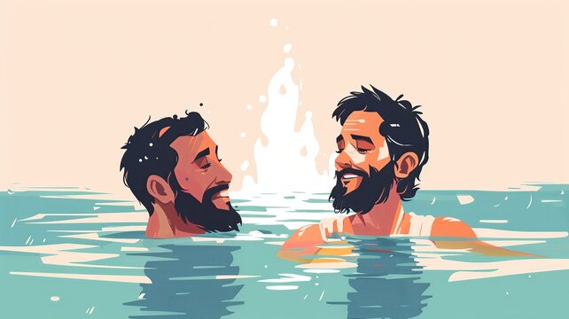 A serene and minimalistic illustration of Jesus being baptized, featuring a peaceful depiction of Jesus in the water during the baptism scene, characterized by simplicity 