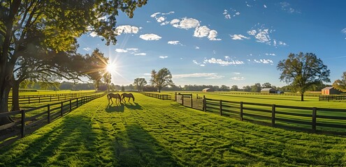 Panoramic View of Scenic Horse Farm at Golden Hour with Grazing Horses and Rustic Barns