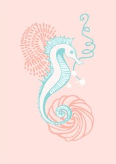 Fototapeta premium A universally applicable abstract composition (poster) of flat bionic elements (representatives of the underwater world) on a marine theme on a colored background.