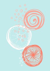 A universally applicable abstract composition (poster) of flat bionic elements (representatives of the underwater world) on a marine theme on a colored background.