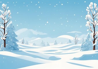 Vector illustration. Flat landscape. Snowy background. Snowdrifts. Snowfall. Clear blue sky. Blizzard. Cartoon wallpaper. Warm weather. Winter season.