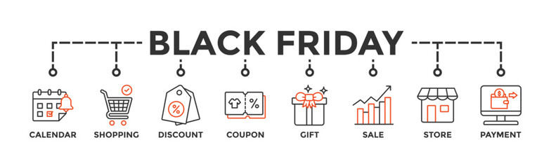 Black friday banner web icon illustration concept with icon of calendar, shopping, discount, coupon, gift, sale, store, payment