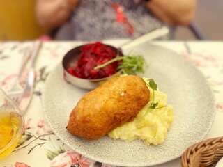 Devolay cutlet, Kiev cutlet, breaded and wrapped meat, mashed potatoes, beetroot, dinner plate, gourmet
