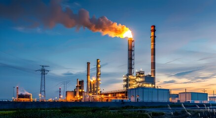Illuminated Industrial Power Plant at Dusk Showcasing the Harmony of Nature and Technology
