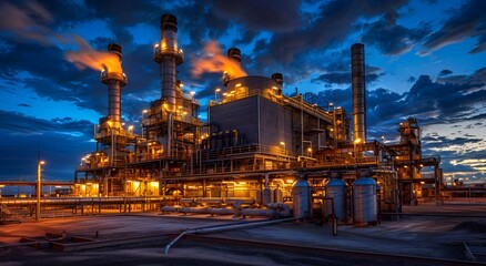 Illuminated Industrial Power Plant at Dusk with Glowing Machinery and Cloudy Sky