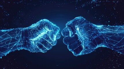 Naklejka premium Two hands fist bump punch fists in a glowing blue lines and dots on a dark background, Greeting gesture, together punching each other or handshake, generative ai