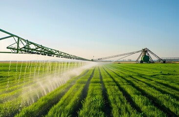 Efficient Overhead Irrigation System Watering Lush Green Farmland Under Sunny Skies