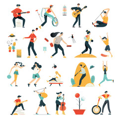 Set of young people doing sports activities. Flat style vector illustration.