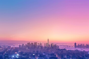 Naklejka premium A city skyline at sunset with a bright colorful sun in the sky