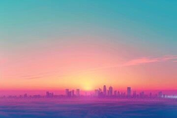 A city skyline at sunset with a bright colorful sun in the sky