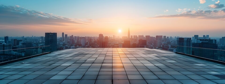 Empty Rooftop Terrace with Panoramic City Skyline at Sunset for Product Display or Text Area