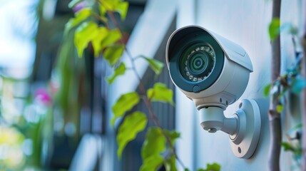 A security camera is mounted on a wall next to a green plant, Home security and Smart home concept