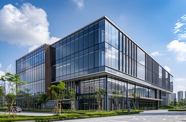 Fototapeta premium Vibrant and Technologically Advanced Modern Office Building with Geometric Glass Facade and Lush Landscaping
