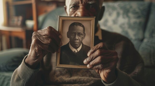 Senior black man holding an old photograph of his younger self, close up on reflective gaze, theme of nostalgia, hyper-realistic, Composite, home interior backdrop