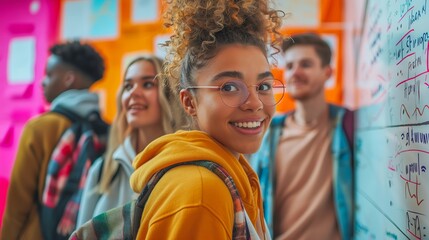 Lifestyle shoot of a happy mixed race group of male and female young university students wearing glasses in the foreground looking at the camera smiling.