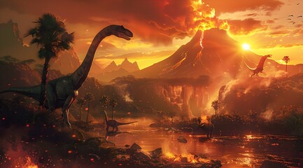 Colossal Volcanic Eruption Amid Prehistoric Dinosaur Landscape