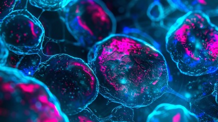 Stem cells depicted with fluorescent coloring under microscopic examination, close up on glowing detail, theme of cellular therapy, vibrant, Blend mode, modern laboratory backdrop