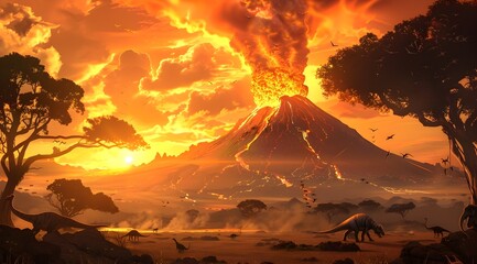 Obraz premium Erupting Volcano Surrounded by Prehistoric Dinosaurs in Dramatic Primeval Landscape