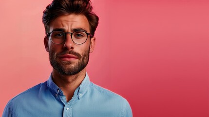 Obraz premium Young handsome man with glasses isolated on pink background, close up portrait of a young hipster guy in a studio looking at the camera, copy space banner for advertising