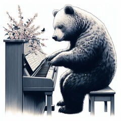 black bear sitting in a chair and playing piano