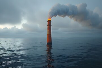 Pollution through Industrial Smokestack Emitting Flames and Smoke over Ocean