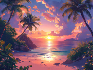 Beach of tropical island with beautiful sunset, Generative AI
