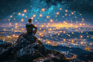 A young man reflects on AI concepts under the night sky, symbolizing deep thought and innovation. AI-generated.