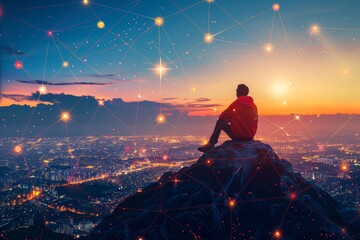 A young man reflects on AI concepts under the night sky, symbolizing deep thought and innovation. AI-generated.