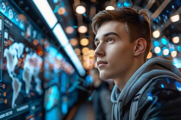 A young man reflects on AI concepts under the night sky, symbolizing deep thought and innovation. AI-generated.