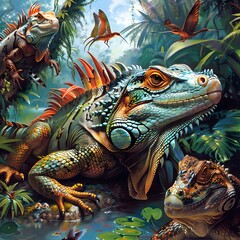 Fototapeta premium Vibrant Tropical Rainforest Ecosystem with Diverse Wildlife Creatures