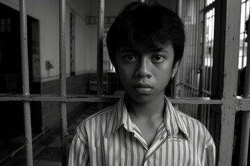 Portrait of a teenage prisoner staring intently into the camera behind the bars of a prison cell.