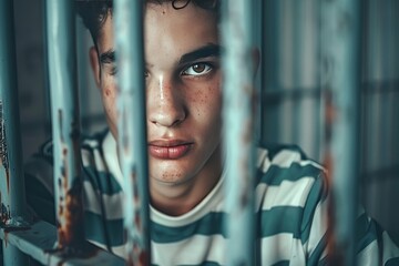 Portrait of a teenage prisoner staring intently into the camera behind the bars of a prison cell.