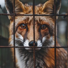 Fototapeta premium Caged Fox Captivating Gaze in Wilderness Rehabilitation Center