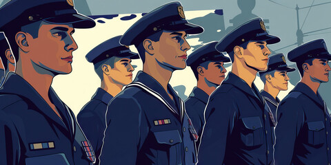 Obraz premium Navy Blue - Sailors stand proudly at attention, their uniforms crisp and sharp as they salute their nation