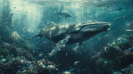 Fototapeta premium A blue whales swims through a sea of plastic trash 