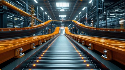 Obraz premium Modern Factory Efficiency: Industrial Conveyor Belt System Streamlining Goods Transportation