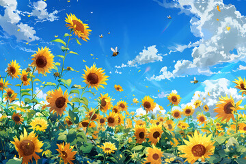 A beautiful illustration of a sunflower field under a bright blue sky, with bees and butterflies fluttering among the flowers