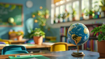 3d modelVisualize a classroom where students are learning about environmental conservation and sustainability, emphasizing the importance of education for Earth Day.space for text