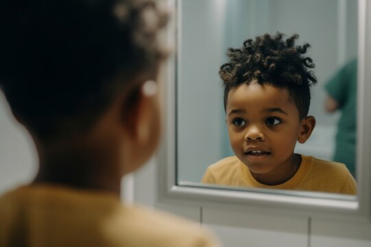 I like you Young african american boy is looking at his reflection in the mirror