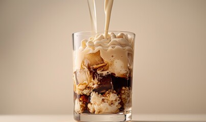 Creamy milk pouring over iced coffee with caramel and rice cakes in a clear glass, indulgent dessert drink