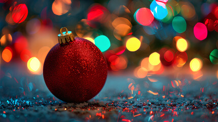 Close up of red Christmas ball on blurred background with colorful lights and bokeh, closeup view. New Year concept.