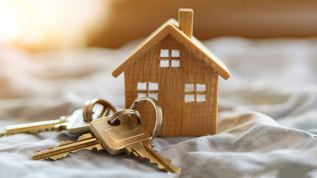 Golden house-shaped keychain on bed with keys and soft morning light filtering through