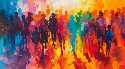 Abstract expressionist art of a crowd with vibrant colors symbolizing energetic social interaction