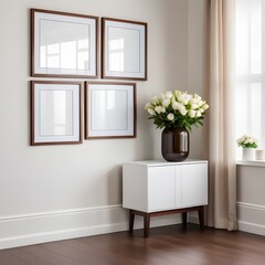 Four mockup frames on the white wall of living room, interior mockup design, frame mockup